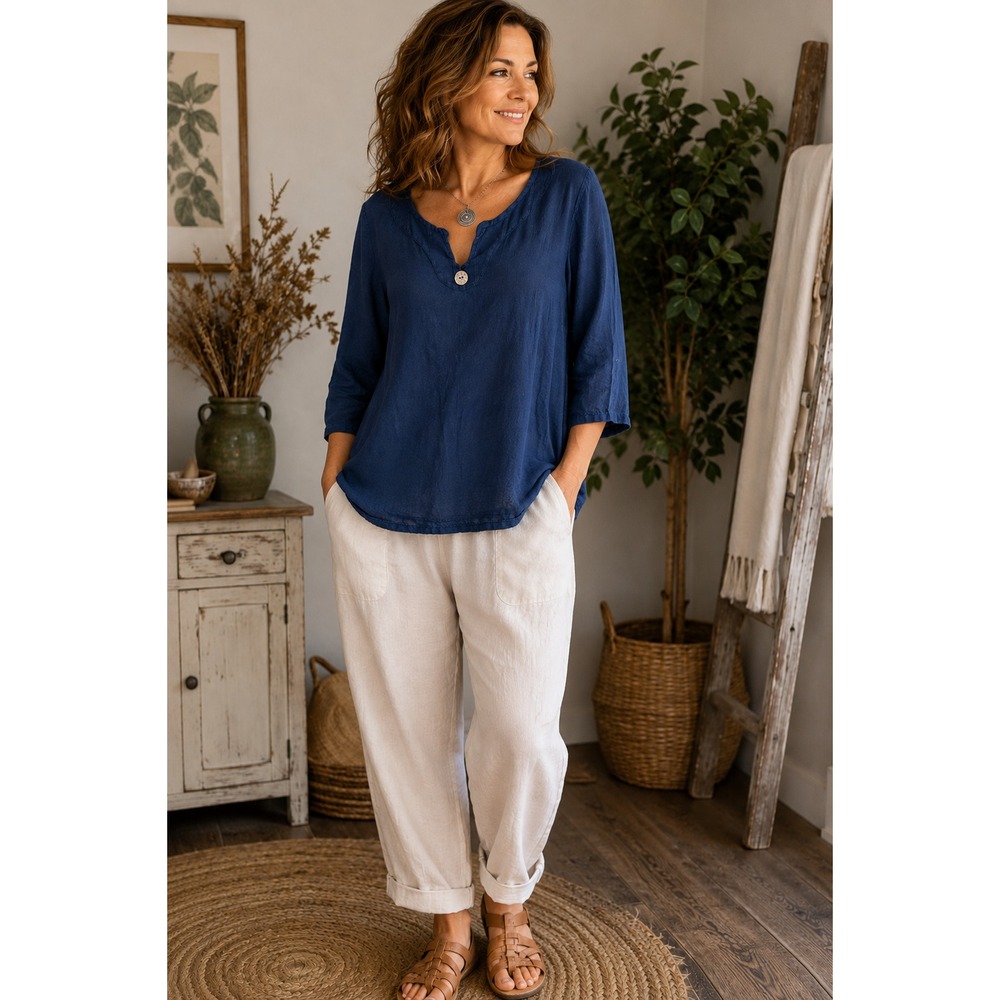 Cottonways Women's 2 Blue Cotton Natural Granola Lagenlook Boho 3/4 Sleeve